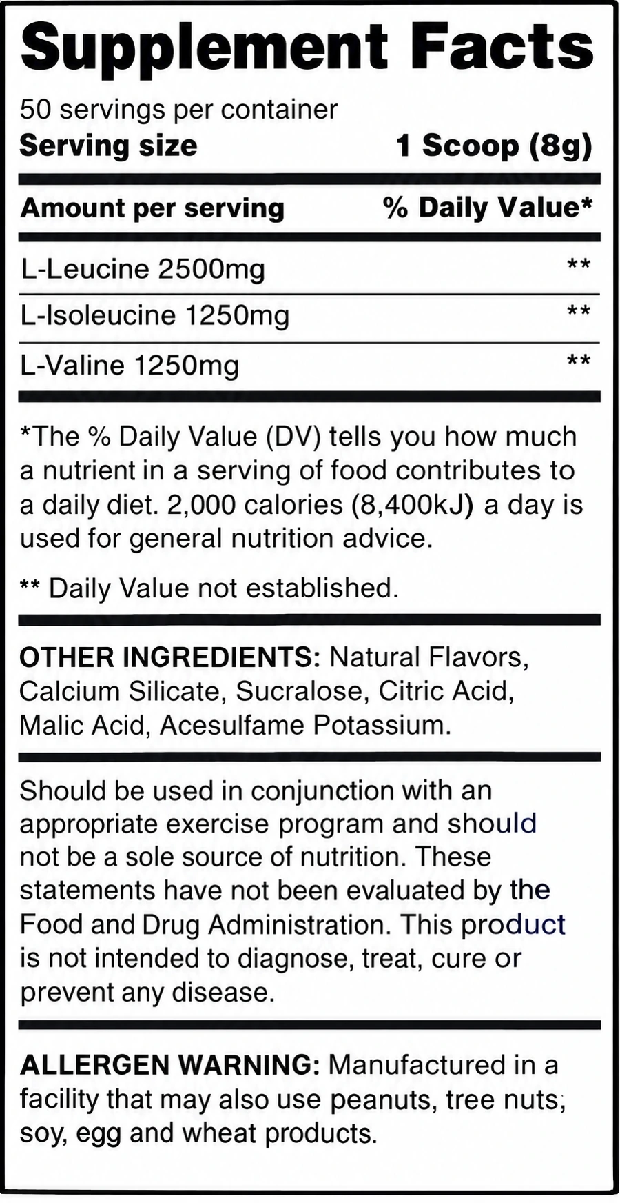 Elite Series BCAA 2:1:1 nutrition facts