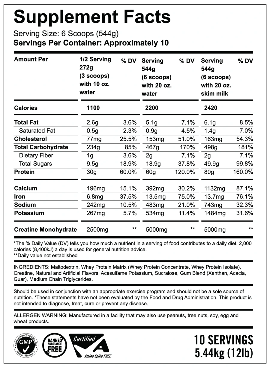Pro Standard Mass Gainer Extreme nutrition facts