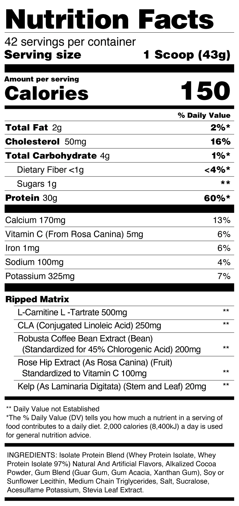 Pro Standard Ripped Isolate Protein nutrition facts